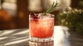 Festive cranberry spritzer with rosemary and ice cubes on a table