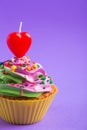 Festive creamy cupcake with sprinkles and candle in form of red Royalty Free Stock Photo