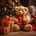 Festive Cuddle: Teddy Bear Amidst Christmas Gifts Under Glowing Tree