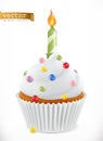Festive cupcake with candle. 3d vector icon