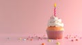 Festive Cupcake with a Lit Candle on a Pink Backdrop, Perfect for Birthday Celebrations and Party Invitations Royalty Free Stock Photo