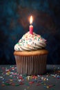 a festive cupcake with a single lit candle and sprinkles Royalty Free Stock Photo