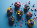 Festive cupcakes with spring flowers on a blue background. ai generative