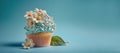 Festive cupcakes with spring flowers and sprinkles for a party. Generative AI. A place for your text. Blue background.