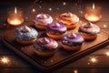 festive cupcakes top doughnuts on board for party with candles and burning sparks