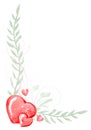 Festive cute border of hearts and leaves. Watercolor illustration, handmade