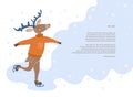 Festive cute deer ice skating with place for text.