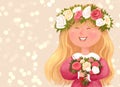 Festive cute postcard. girl that smiles and holds a bouquet of flowers. birthday card, mother`s day
