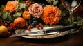 Festive cutlery on the table with flowers and decorative elements