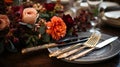 Festive cutlery on the table with flowers and decorative elements