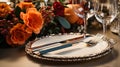 Festive cutlery on the table with flowers and decorative elements