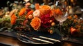 Festive cutlery on the table with flowers and decorative elements