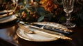 Festive cutlery on the table with flowers and decorative elements