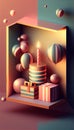 Festive celebration cake composition. Balloon decorated cupcake, 3D paper craft. Generative AI illustration