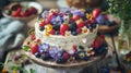 Festive Dairy-Free Birthday Cake with Edible Flowers and Fruit Toppings