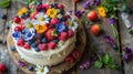 Festive Dairy-Free Birthday Cake with Edible Flowers and Fruit Toppings
