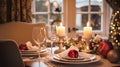 Festive date night tablescape idea, dinner table setting for two and Christmas, New Year, Valentines day decor, English country Royalty Free Stock Photo
