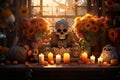 Festive Day of the Dead altar with symbolic