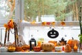 Festive decor of the house on the windowsill for Halloween - pumpkins, Jack o lanterns, skulls, cobwebs, spiders, skeletons, Royalty Free Stock Photo