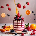 Festive decorated cake with frosting and fruits