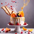 Festive decorated cake with frosting and fruits