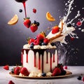 Festive decorated cake with frosting and fruits