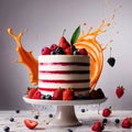 Festive decorated cake with frosting and fruits