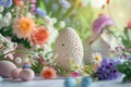 A festive decorated Easter egg surrounded by flowers and decorations, wallpaper background