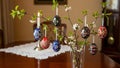 Festive decorated easter eggs hanging on blooming spring branch Royalty Free Stock Photo