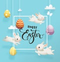 Festive decorated eggs hanging on strings against blue sky on background, funny little bunnies, square frame and Happy