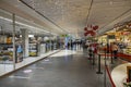 Festive decorated interior view of cafeteria and hall in large trading center. Europe.