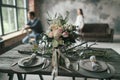 Festive decorated table for two on blurred newlyweds background