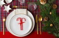 Festive decoration of christmas table for the party. Invitation, christmas celebration, festive dinner concept Royalty Free Stock Photo