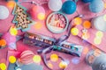 Festive decoration with macarons in the box with ribbon. Royalty Free Stock Photo