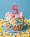 A festive delicious birthday cake with number 5 candle - Five Years