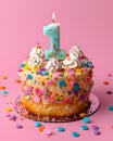 A festive delicious birthday cake with number 1 candle - One year Royalty Free Stock Photo