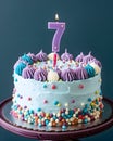 A festive delicious birthday cake with number 7 candle - Seven Years