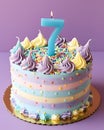 A festive delicious birthday cake with number 7 candle - Seven Years