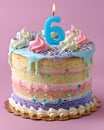 A festive delicious birthday cake with number 6 candle - Six Years