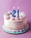 A festive delicious birthday cake with number 21 candle - Twenty One Years Royalty Free Stock Photo