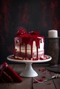 Festive delicious round cake Red velvet on a dark background. Generated AI