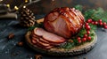 Festive Delight Expertly Smoked, Roasted, Glazed Holiday Pork Ham, Ai Generated