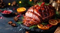 Festive Delight Expertly Smoked, Roasted, Glazed Holiday Pork Ham, Ai Generated