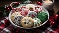 Festive Delights: Christmas Cookies and Desserts on a Snowflake and Candy Cane Tablecloth Royalty Free Stock Photo