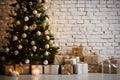 Festive Delights Christmas Tree and Heap of Gift Boxes with Copy Space on White Brick Wall with Lights. created with Generative AI Royalty Free Stock Photo