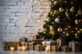 Festive Delights Christmas Tree and Heap of Gift Boxes with Copy Space on White Brick Wall with Lights. created with Generative AI Royalty Free Stock Photo