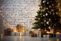 Festive Delights Christmas Tree and Heap of Gift Boxes with Copy Space on White Brick Wall with Lights. created with Generative AI Royalty Free Stock Photo