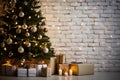 Festive Delights Christmas Tree and Heap of Gift Boxes with Copy Space on White Brick Wall with Lights. created with Generative AI Royalty Free Stock Photo