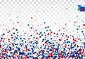 Festive design background concept with scatter circles, stars in traditional American colors - red, white, blue. Isolated on