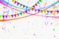 Festive design. Border of colorful bright confetti and flags